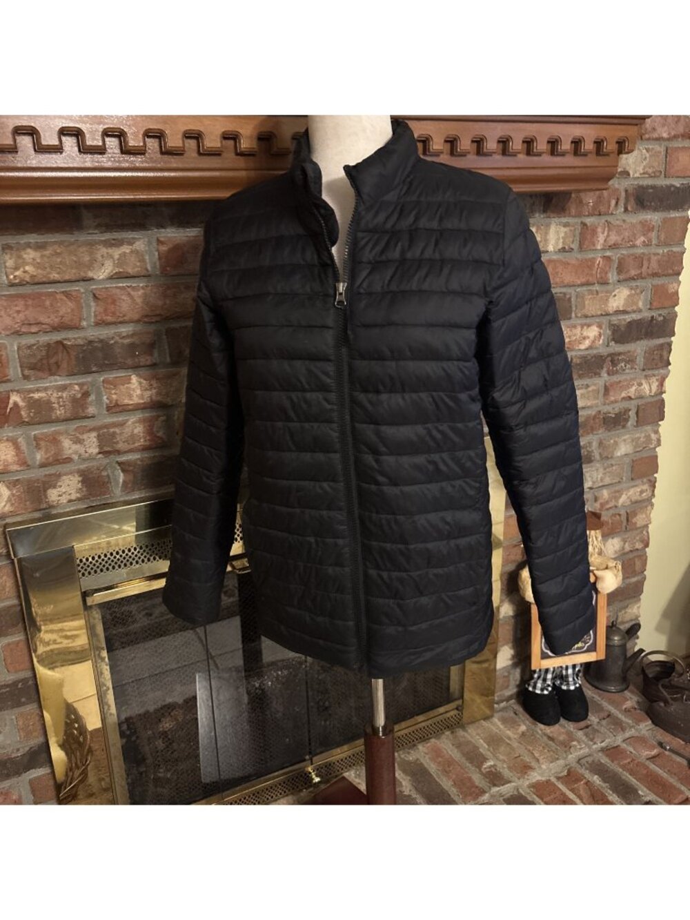 Lands End Black Puffer Jacket Nylon Size Large Fitted